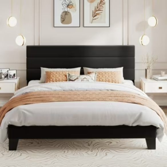 King Size Upholstered Platform Bed with Steel Frame, Foam Padding, and Durable Slat Support