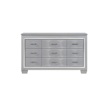 3-Piece Silver Modern LED Panel Bedroom Set with Faux Leather Upholstered Tufted Headboard, Alligator Embossing, and Crystal-Enhanced Accents