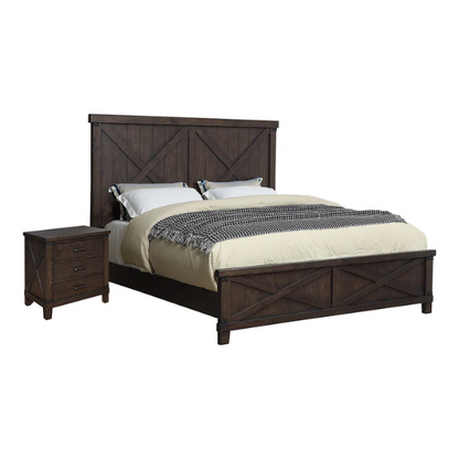 Rustic Dark Walnut 2-Piece Queen Bed and Nightstand Set – Country-Inspired Charm with X-Detail Panel Design and Metal Accents