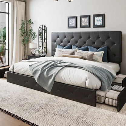 Queen Size Upholstered Platform Storage Bed with Tufted Button Accent Design