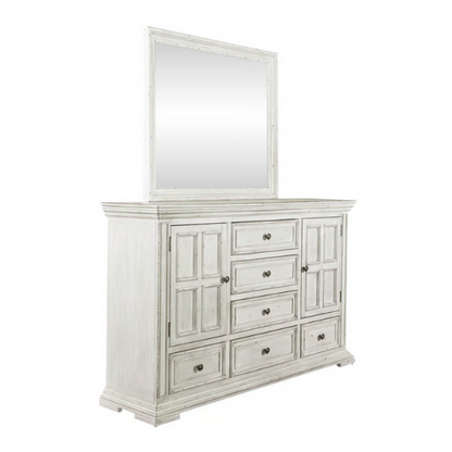 4-Piece Panel Bed, Dresser, Mirror & Nightstand Set with Antique Pewter Accents and Charging Station – Distressed Whitestone Finish, Rubberwood Solids, and Architectural Det