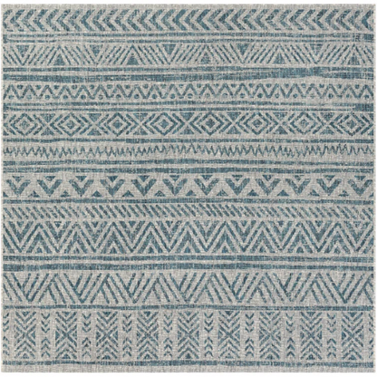 Striped Geometric Area Rug – Aqua & Taupe, Durable Polypropylene, Low-Pile Design for High-Traffic Indoor/Outdoor Spaces