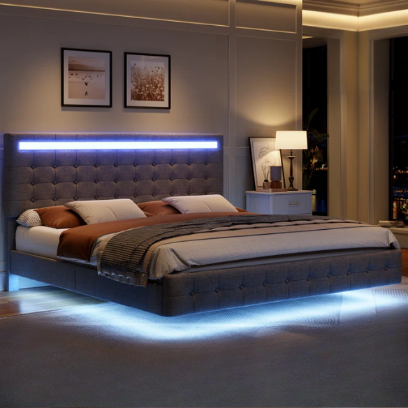 Queen Size LED Lit Platform Bed with Tufted Headboard – Modern and Stylish Design