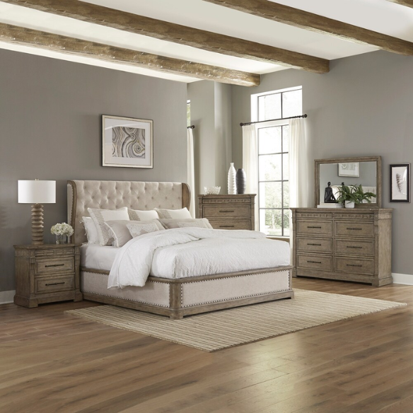 Timeless Elegance Barrigan 6-Piece King Panel Bed, Dresser, Mirror, Chest & Nightstand Set – Dusty Taupe Finish, Burnished Brass Accents, Full Extension Drawers, Cedar & Felt-Lined Drawers, Decorative Fretwork, and Built-in Charging Station