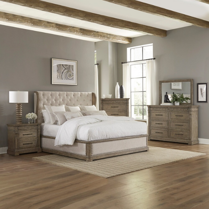 Timeless Elegance Barrigan 6-Piece King Panel Bed, Dresser, Mirror, Chest & Nightstand Set – Dusty Taupe Finish, Burnished Brass Accents, Full Extension Drawers, Cedar & Felt-Lined Drawers, Decorative Fretwork, and Built-in Charging Station
