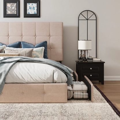 Queen Size Upholstered Platform Storage Bed with Tufted Button Accent Design