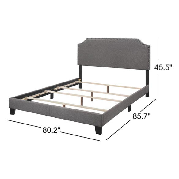 King Size Upholstered Standard Bed with Scooped Corner Headboard, Nailhead Trim, and Tapered Support Feet – Neutral Gray Polyester Fabric