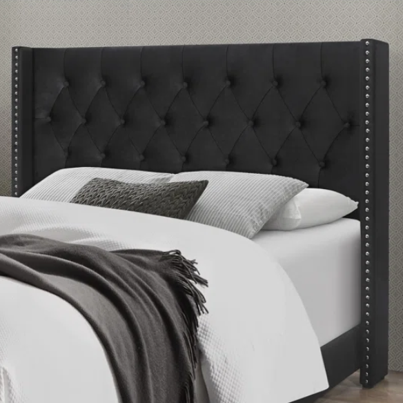 King Size Upholstered Low-Profile Bed with Wingback Headboard, Button Tufting, and Nailhead Trim – Glamorous, Traditional Design with Flared Legs
