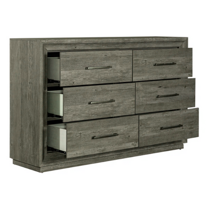 Contemporary Queen Bedroom Set with Brushed Nickel Storage Bed, LED-Illuminated Headboard, Dresser, Mirror, and Nightstand with Charging Station