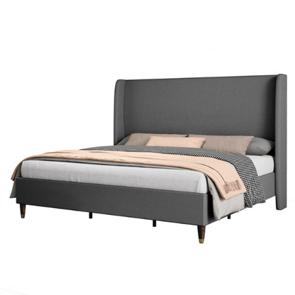 King Size Upholstered Platform Bed with Wingback Design, Foam-Padded Linen Headboard, and Steel Reinforced Frame