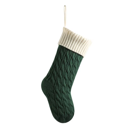 Green & White Knitted Christmas Stocking – Cable Knit Holiday Gift Bag with Soft Lining