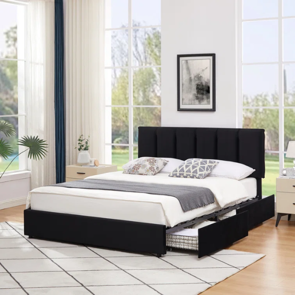 Velvet Upholstered Queen Size Platform Bed with Adjustable Headboard and 4 Storage Drawers