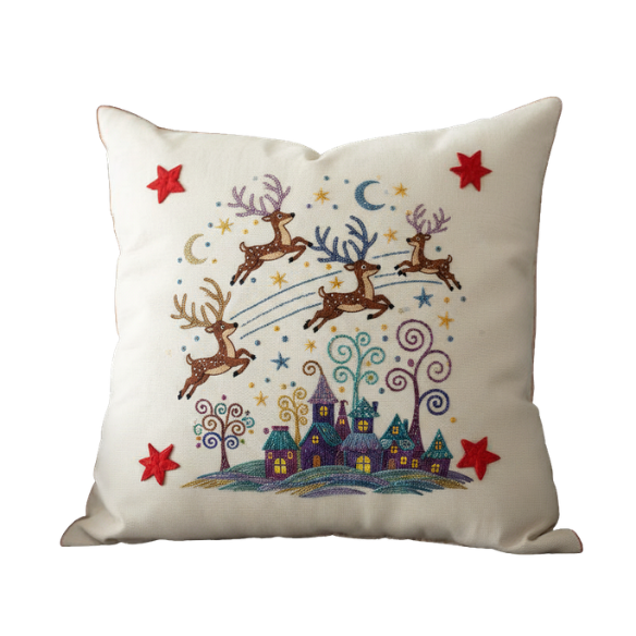 Off-White Throw Pillow with Embroidered Christmas Reindeer Design