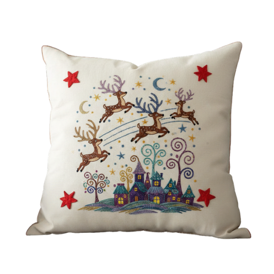 Off-White Throw Pillow with Embroidered Christmas Reindeer Design