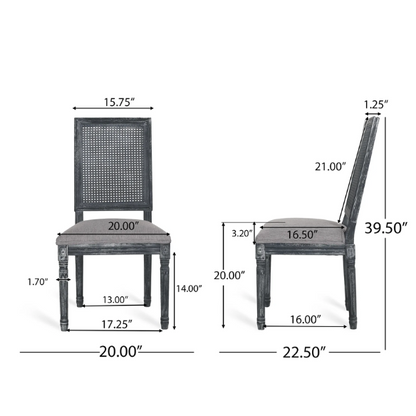 French Country Wood and Cane Upholstered Dining Chairs – Weathered Rubberwood Frame with Fluted Legs & Rectangular Cane Backrest