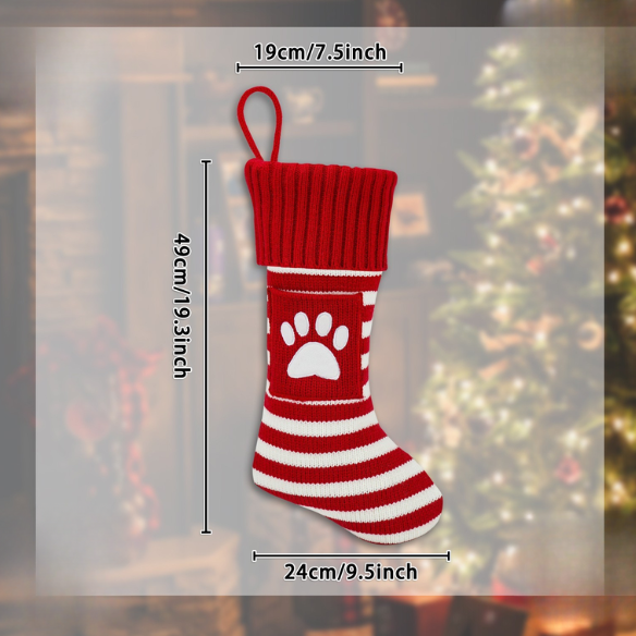 Red & White Striped Christmas Stocking with Embroidered White Paw – Festive Holiday Decor & Gift Bag