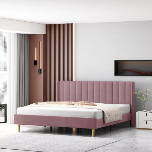 Luxury Corduroy Upholstered King Size Platform Bed Frame - Stylish Modern Wingback Design with Ultimate Comfort