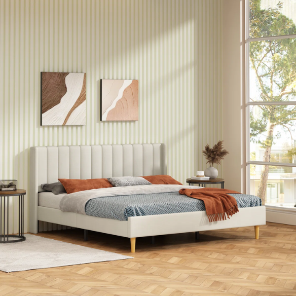 Luxury Corduroy Upholstered King Size Platform Bed Frame - Stylish Modern Wingback Design with Ultimate Comfort