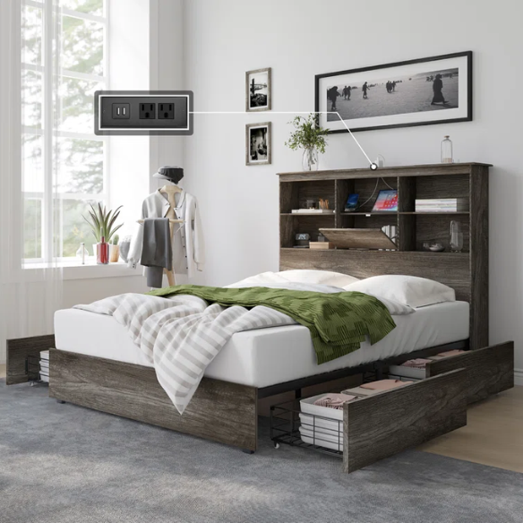 Innovative LED Bookcase Bed – Full/Double Size with Built-In Storage, Sleek Design, and LED Lighting for Modern Living