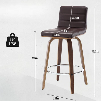 Mid-Century Modern Faux Leather Swivel Counter/Bar Stools – 360° Swivel, Padded PU Leather Seat & Back, Durable Bentwood Legs, Metal Footrest, Supports Up to 440lbs for Home Bar or Kitchen