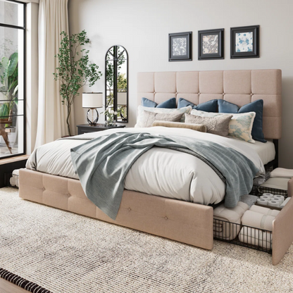 King Size Upholstered Platform Bed with Storage Drawers, Padded Headboard, and Sophisticated Button Tufting
