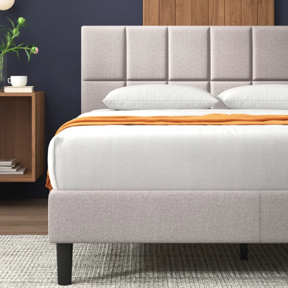 Modern King Size Upholstered Low Profile Platform Bed – Square-Tufted Headboard, Durable Steel Frame