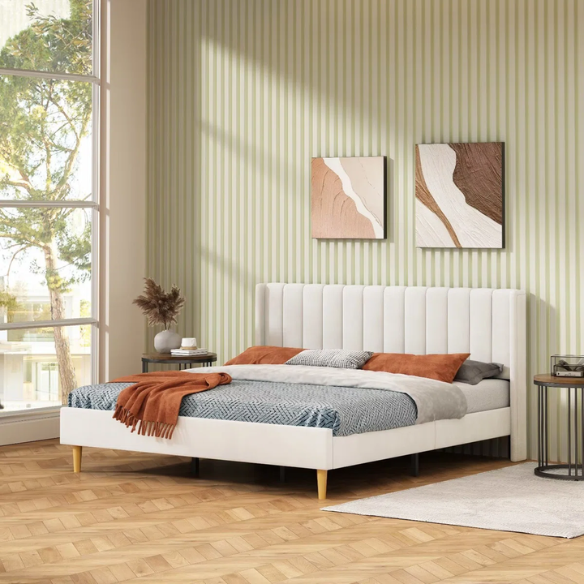 Luxury Corduroy Upholstered King Size Platform Bed Frame - Stylish Modern Wingback Design with Ultimate Comfort