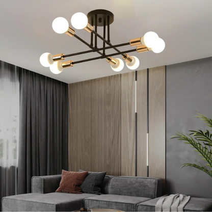 8-Light Black Sputnik Chandelier with Gold Accents for Modern Industrial Living Room and Dining Room