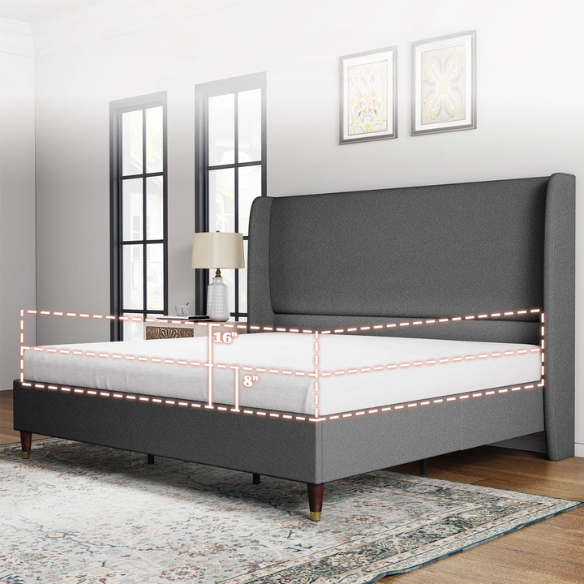King Size Upholstered Platform Bed with Wingback Design, Foam-Padded Linen Headboard, and Steel Reinforced Frame