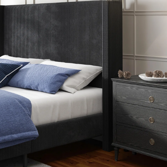 Queen Size Upholstered Bed with Soft Corduroy Fabric and Solid Wood Legs – Stylish and Comfortable Design