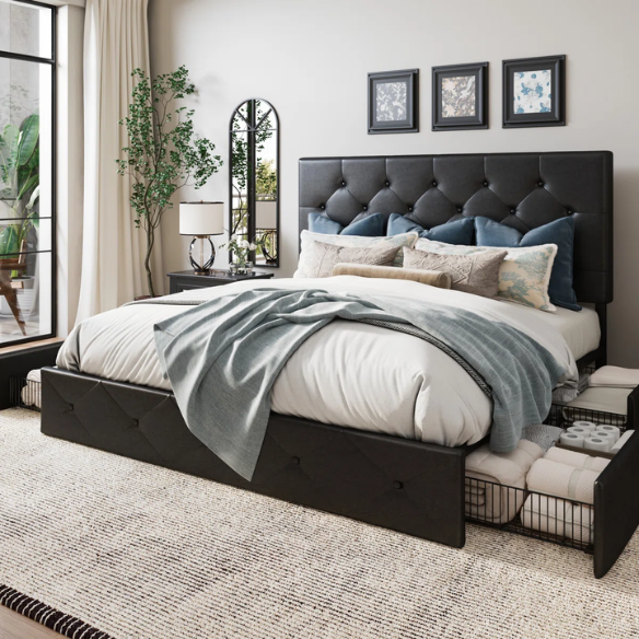 King Size Upholstered Platform Bed with Storage Drawers, Padded Headboard, and Sophisticated Button Tufting