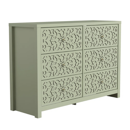 Boho-Inspired 45.4" 6-Drawer Dresser with Distressed Finish and Openwork Floral Details