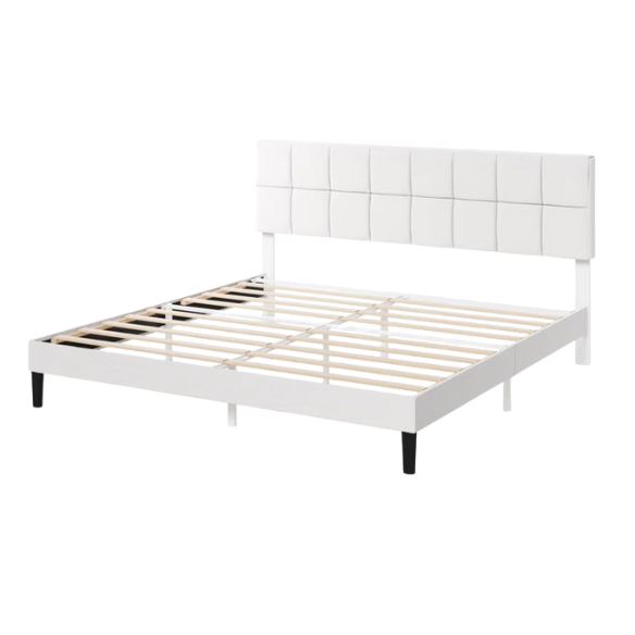 Modern King Size Upholstered Low Profile Platform Bed – Square-Tufted Headboard, Durable Steel Frame