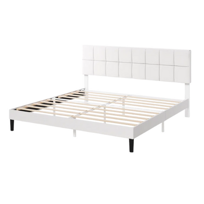 Modern King Size Upholstered Low Profile Platform Bed – Square-Tufted Headboard, Durable Steel Frame