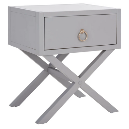 1-Drawer Nightstand – Classic Campaign Style with Contemporary Chic, Acacia Wood Frame, Cross-Base Design, Bold Finish, Gold Drawer Pull, Perfect for Modern Bedrooms