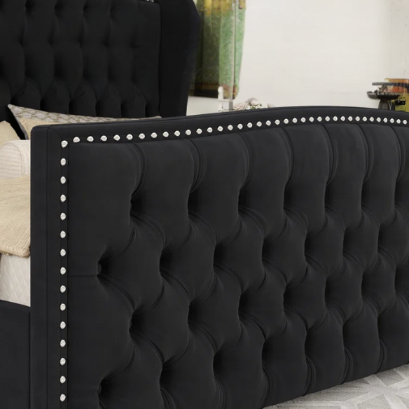 Velvet Queen Size Bed with Button Tufted Upholstery, Nailhead Trim, and Wingback Headboard