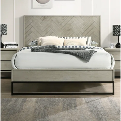 Industrial Mid-Century Modern Platform Bedroom Set with Herringbone Design Headboard – Stylish and Versatile