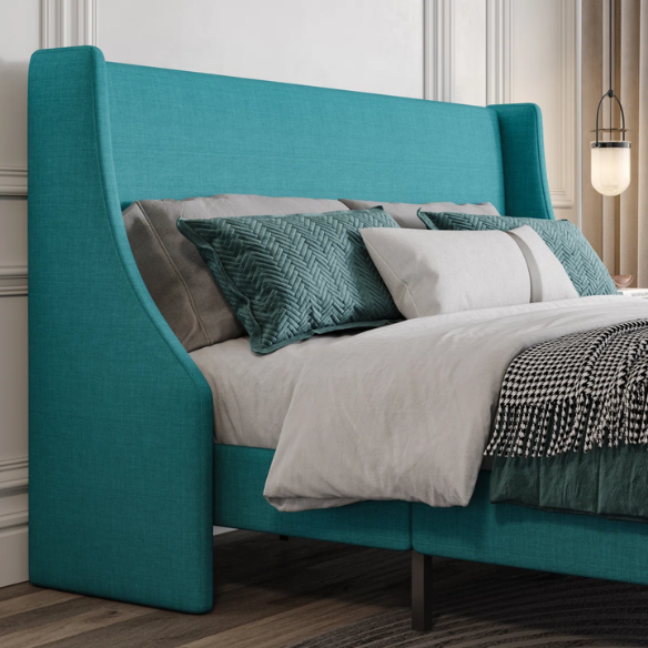 Modern Queen Size Upholstered Platform Bed with Deluxe Wingback and Linen Blend Fabric