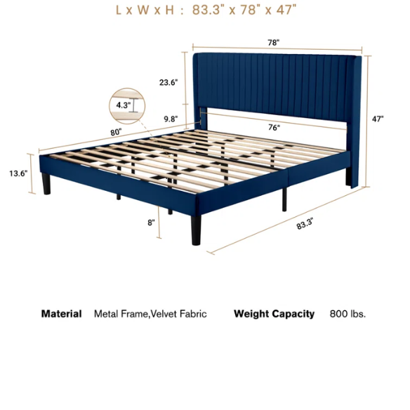King Size Upholstered Platform Bed with Wingback Headboard – Simple, Elegant Design, Sturdy Wooden Slats, No Box Spring Needed for a Luxurious Sleep Experience
