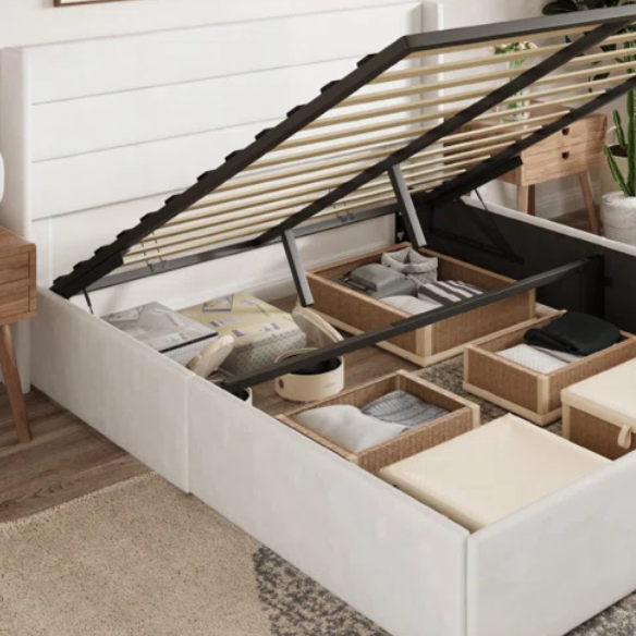 Modern King Size Upholstered Platform Bed with Hydraulic Lift Storage – Sleek Grooved Headboard, Space-Saving Design, and No Box Spring Needed