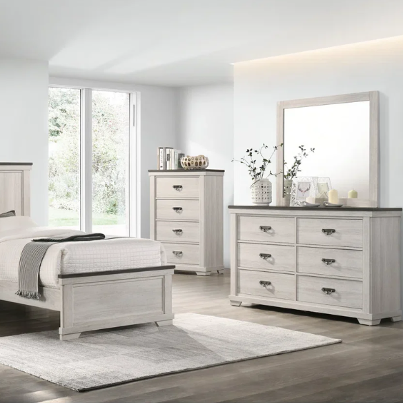 Luxurious Rustic Solid Wood 5-Piece Twin Bedroom Set: Cream & Brown Panel Bed, Dresser, Mirror, Nightstand, and Chest