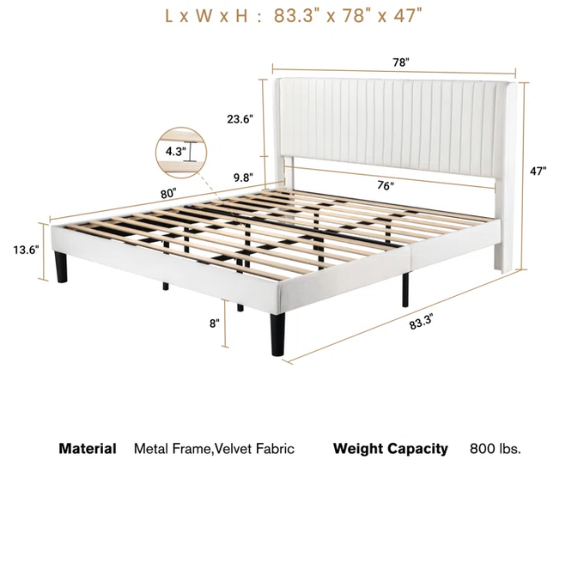 King Size Upholstered Platform Bed with Wingback Headboard – Simple, Elegant Design, Sturdy Wooden Slats, No Box Spring Needed for a Luxurious Sleep Experience