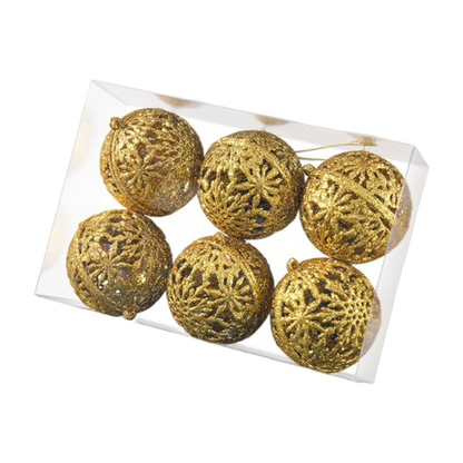 Gold Glitter Snowflake Christmas Ball Ornaments – Set of 6 Decorative Holiday Baubles