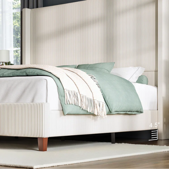 Queen Size Upholstered Wingback Platform Bed in Ribbed Corduroy Fabric