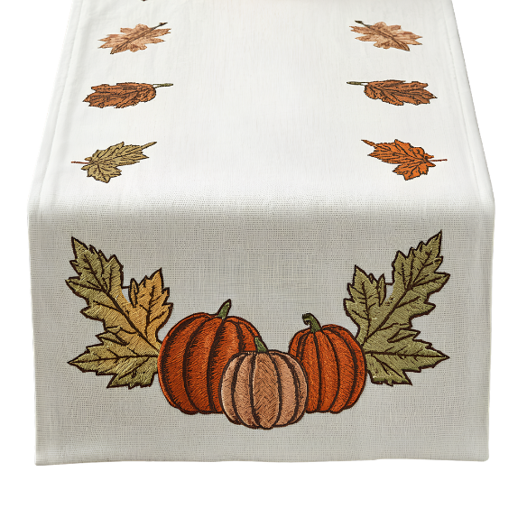 Autumn Embroidered Table Runner with Pumpkins and Fall Leaves