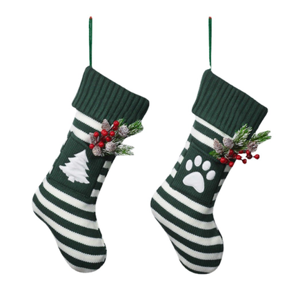Green & White Striped Christmas Stocking with Embroidered White Christmas Tree – Holiday Decor & Gift Bag