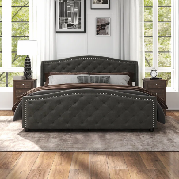 Luxurious King Size Velvet Upholstered Platform Bed with Tufted Camelback Headboard, Nailhead Trim, and 4 Built-In Storage Drawers – Stylish and Functional Bedroom Upgrade