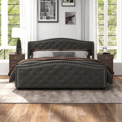 Luxurious King Size Velvet Upholstered Platform Bed with Tufted Camelback Headboard, Nailhead Trim, and 4 Built-In Storage Drawers – Stylish and Functional Bedroom Upgrade