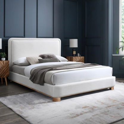 Luxurious Linen Textured Fabric King Size Upholstered Panel Bed with Solid Wood Base