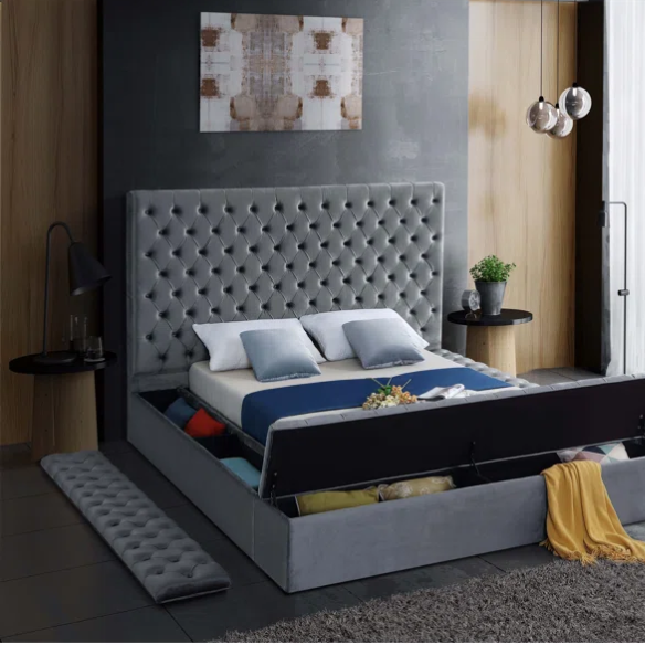 Elegant Velvet Upholstered King Size Platform Storage Bed with Tufted Headboard and Slats